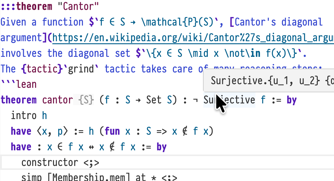 A screenshot showing proof states and hover info